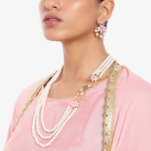 Estele Gold Plated Scintillating Lotus Designer Three Layered Pearl Side Pendant Necklace Set with Pink Enamel for Girl's & Women