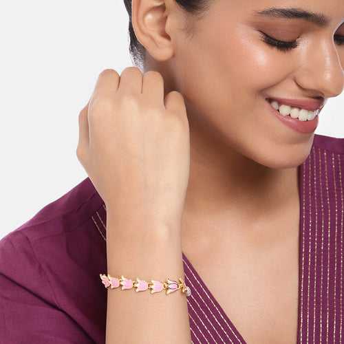 Estele Gold Plated Exquisite Lotus Designer Adjustable Link Bracelet with Pearls & Pink Enamel for Girl's & Women