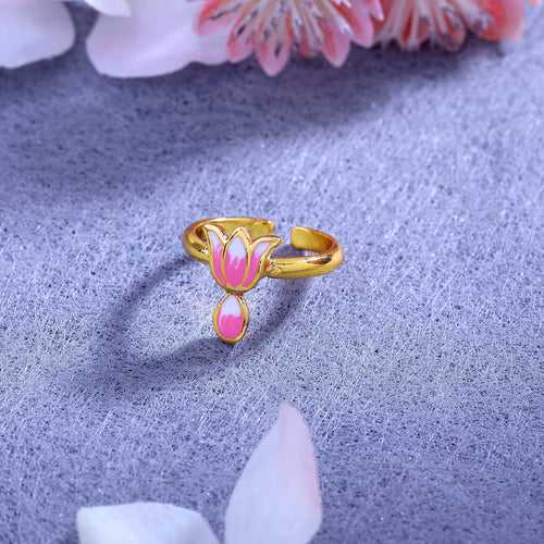 Estele Gold Plated Elegant Lotus Designer Adjustable Finger Ring with Pink Enamel for Girl's & Women