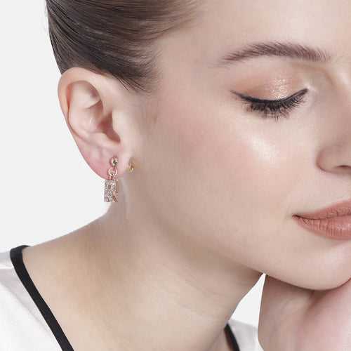 Estele Rose Gold Plated Magnificent Medium 'R' Letter Earrings with Crystals for Women