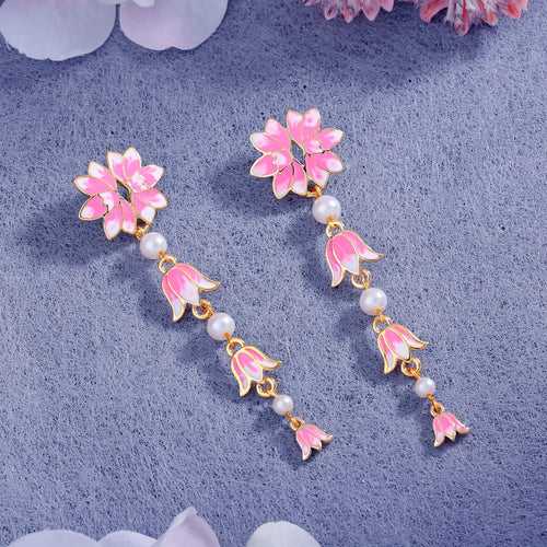 Estele Gold Plated Ravishing Lotus Designer Drop Earrings with Pink Enamel & Pearls for Girl's & Women