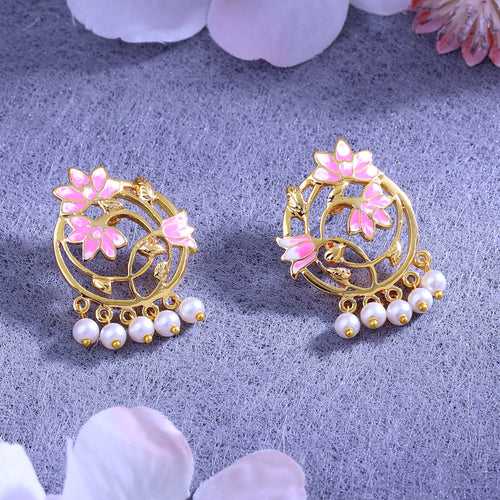 Estele Gold Plated Lotus & Creeper Designer Pearl Drop Earrings with Pink Enamel for Girl's & Women