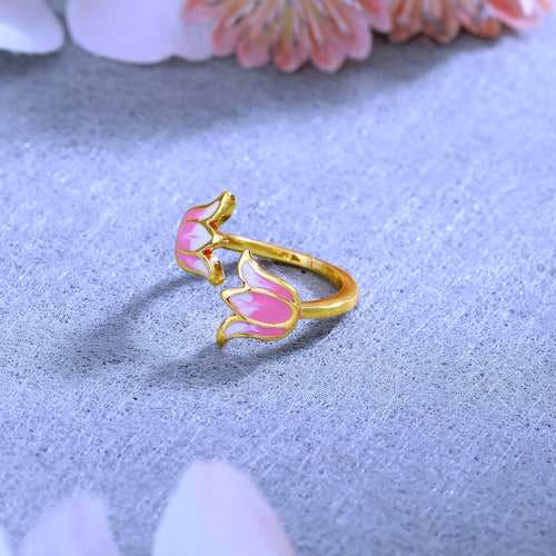 Estele Gold Plated Splendid Lotus Designer Adjustable Finger Ring with Pink Enamel for Girl's & Women