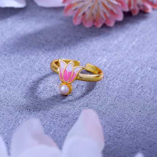 Estele Gold Plated Gorgeous Lotus Designer Adjustable Finger Ring with Pearl & Pink Enamel for Girl's & Women