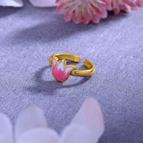 Estele Gold Plated Stylish Lotus Designer Adjustable Finger Ring with Pink Enamel for Girl's & Women