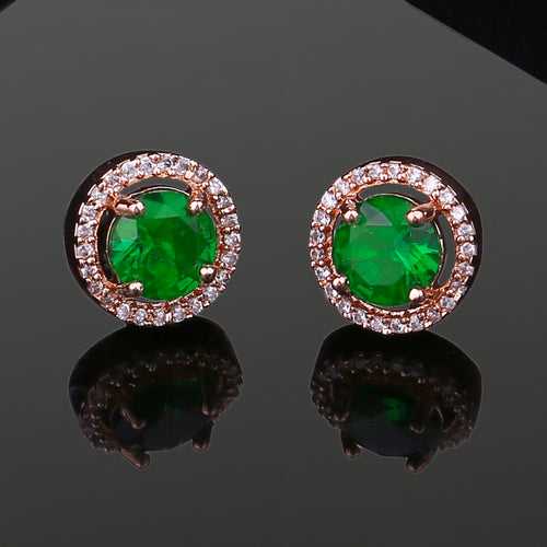 Estele Rose Gold Plated CZ Circular Designer Stud Earrings with Green Stones for Women