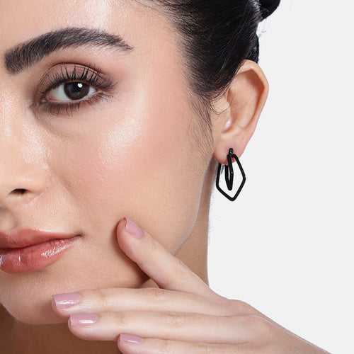 Estele Gothic Black Plated Dual Rhombus Designer Hoop Earrings for Women