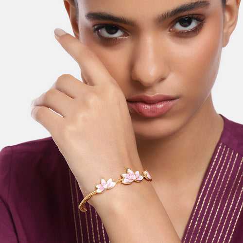 Estele Gold Plated Charming Lotus Designer Cuff Bracelet with Pink Enamel for Girl's & Women