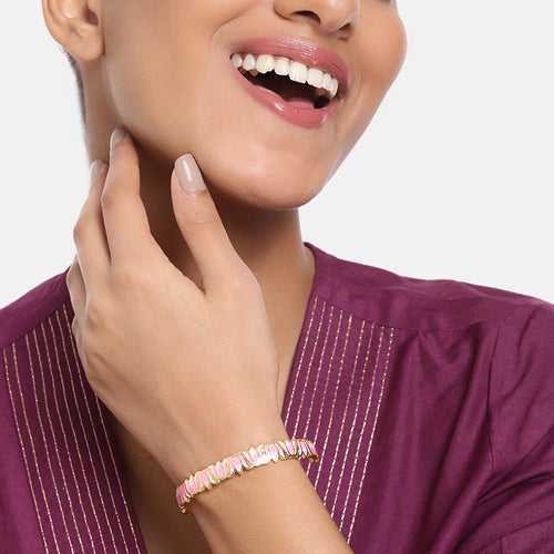 Estele Gold Plated Attractive Lotus Designer Cuff Bracelet with Pink Enamel for Girl's & Women