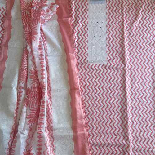 Pure Soft Cotton Unstitched Suit Material - White With Pink Kota Dupatta