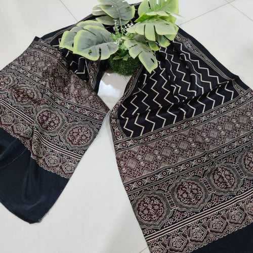 Mashru Silk Ajrakh Print Stole - Black, Maroon