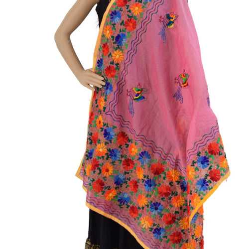 Chanderi Hand Embroidered Dupatta - Sparrow (PE07) - Pink