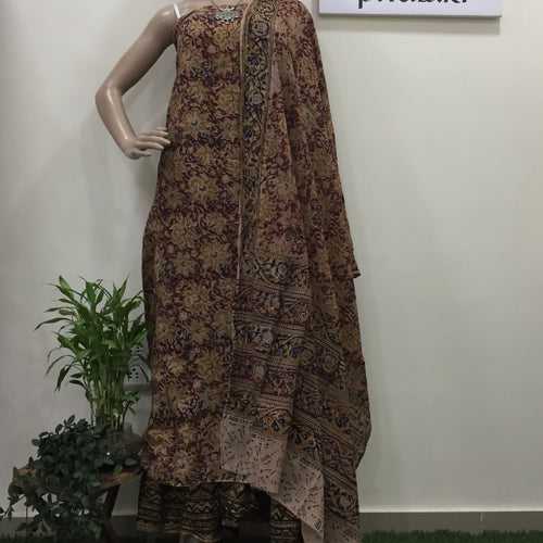 Cotton hand block Kalamkari kurta fabric and dupatta - Design 5