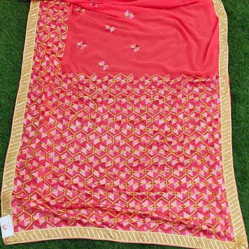 Phulkari Saree Traditional Jaal Embroidery Georgette - Peach pink