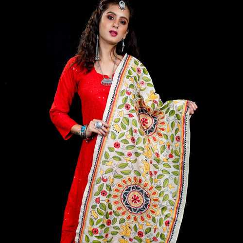 Hand Embroidered Pure Tussar Silk Kantha Stole - Off White