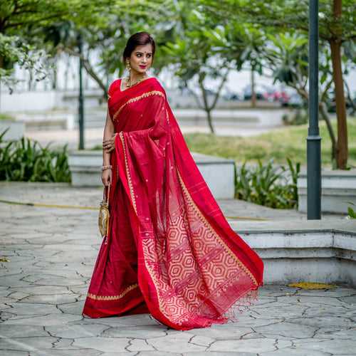 Handloom Cotton Jamdani Handwoven Saree - Brick Red