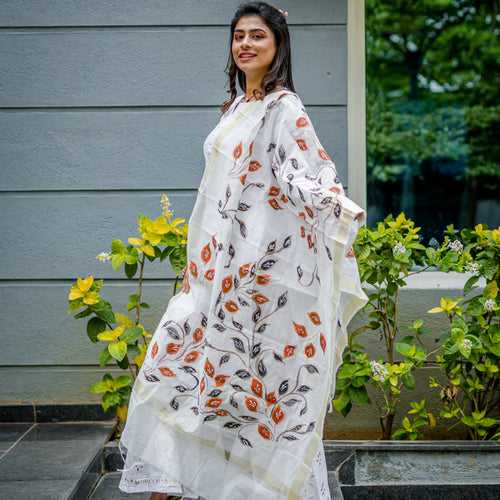 Cotton Silk Hand-painted Dupatta - Leaves