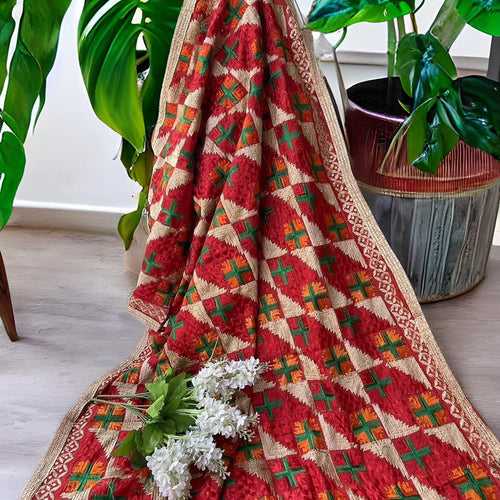 Phulkari Machine-Embroidered Chinnon Dupatta - Red and Pink