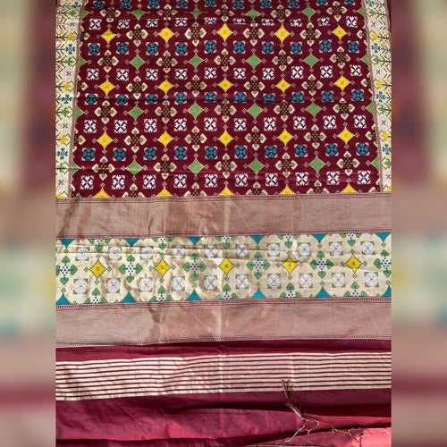 Woven Cotton Silk Patola Dupatta - Maroon and Gold with multi coloured weave