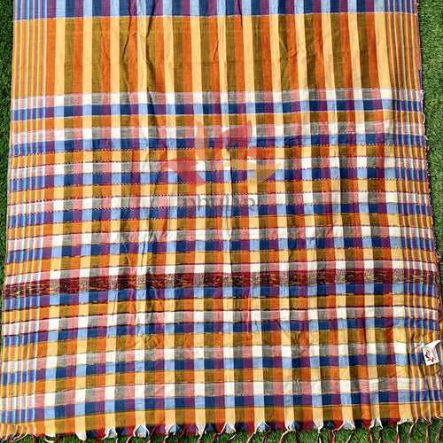 Khesh Saree Handloom Cotton Checks - Orange Blue