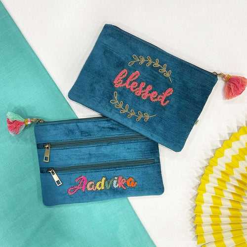 Personalized Namepouch Both Side Embroidered - Teal Velvet