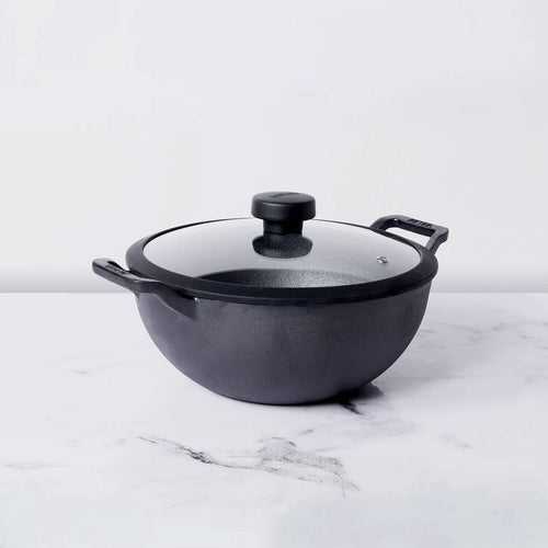 Meyer Pre Seasoned Cast Iron Deep Kadai/Wok with Glass Lid , 20cm