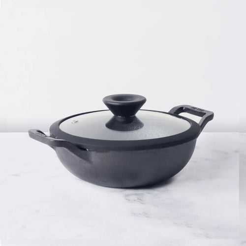 Meyer Pre Seasoned Cast Iron shallow Kadai With Glass Lid ,24cm