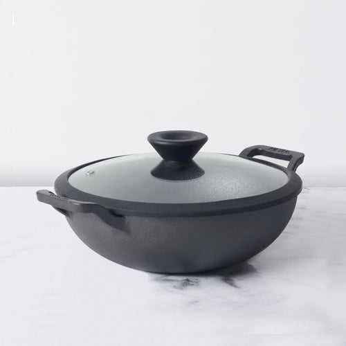 Meyer Pre Seasoned Cast Iron shallow Kadai With Glass Lid ,26cm