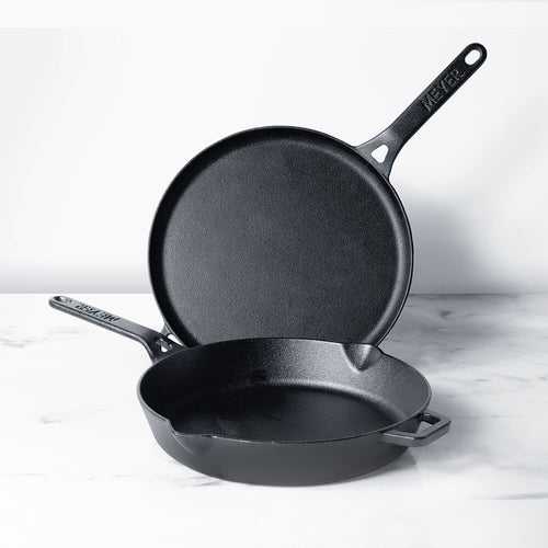 Meyer Pre-Seasoned Cast Iron 2pcs Set (28cm Flat Dosa Tawa + 26cm Frypan/Skillet)