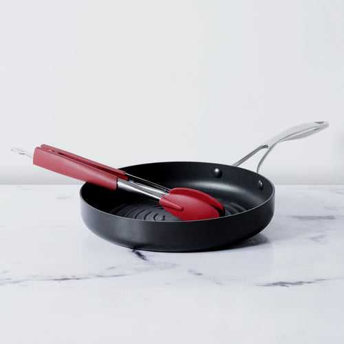 Circulon 2 Piece Non-Stick Deep Round Grill Pan 28cm (3mm Thick) +  Silicone Tongs With Stainless Steel Body, 30cm
