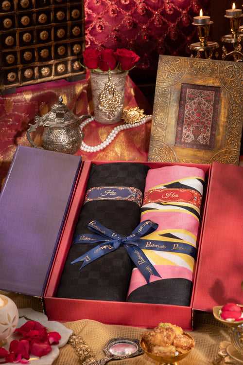 Pashtush His And Her Gift Set Of Checkered Fine Wool Stole and Printed Bamboo Stole With Premium Gift Box Packaging, Black and Multicolour
