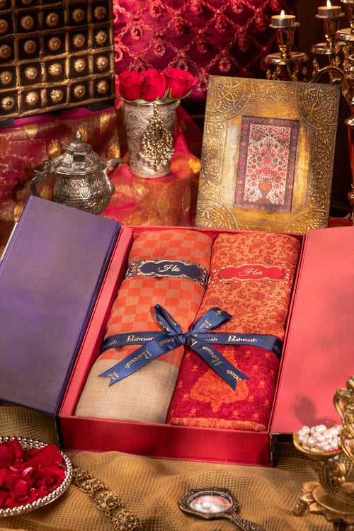 Pashtush His And Her Gift Set Of Checkered Stole And Embroidery Shawl With Premium Gift Box Packaging, Deep Orange and Maroon