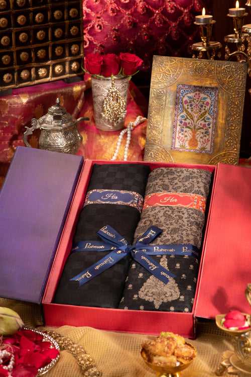 Pashtush His And Her Gift Set Of Checkered Stole And Embroidery Shawl With Premium Gift Box Packaging, Rich Black and Black