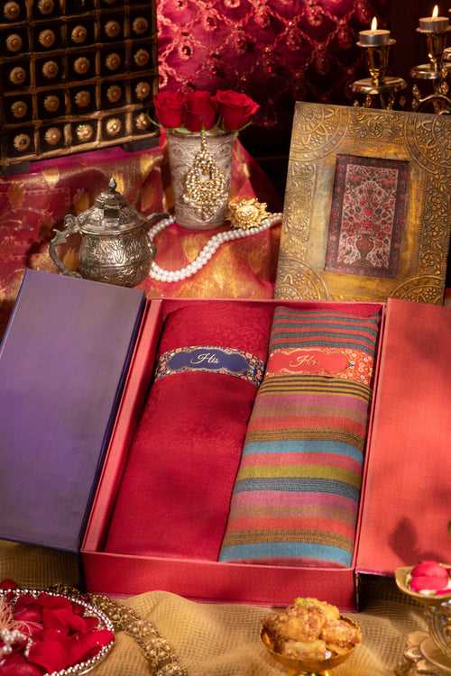 Pashtush His And Her Gift Set Of Fine Wool Self Stole and Striped Stole With Premium Gift Box Packaging, Maroon and Multicolour