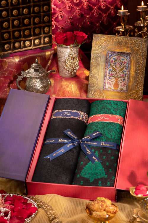 Pashtush His And Her Gift Set Of Fine Wool Stole and Embroidery Shawl With Premium Gift Box Packaging, Black and Green