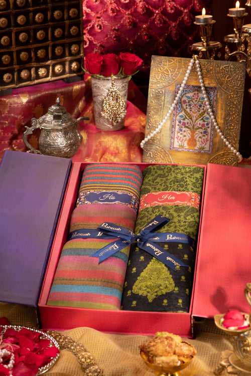 Pashtush His And Her Gift Set Of Fine Wool Stole and Embroidery Shawl With Premium Gift Box Packaging, Multicolour and Green