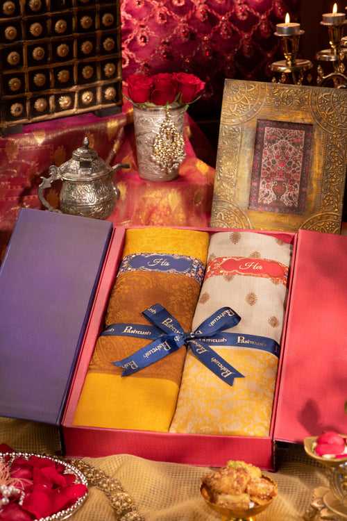 Pashtush His And Her Gift Set Of Fine Wool Stole and Embroidery Shawl With Premium Gift Box Packaging, Mustard and Orange
