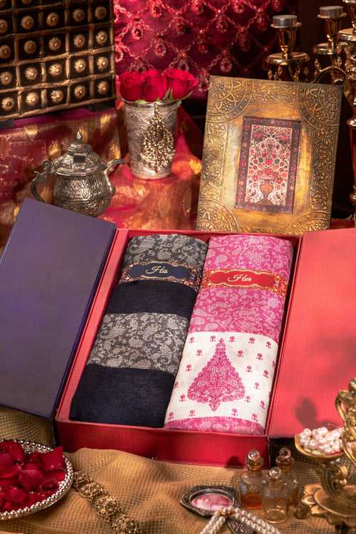 Pashtush His And Her Gift Set Of Fine Wool Stole and Embroidery Shawl With Premium Gift Box Packaging, Navy Blue and Majenta