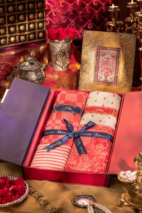 Pashtush His And Her Gift Set Of Fine Wool Stole and Embroidery Shawl With Premium Gift Box Packaging, Rose and Beige