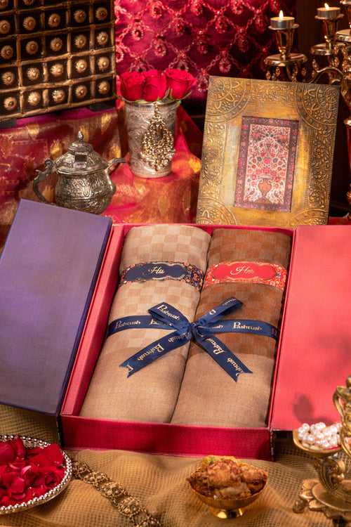 Pashtush His And Her Set Of Checkered Stoles With Premium Gift Box Packaging, Beige and Rich Coffee