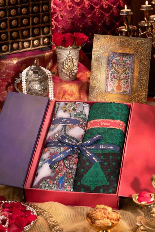 Pashtush His And Her Set Of Printed Bamboo Stole and Fine Wool Embroidery Shawl With Premium Gift Box Packaging, Multicolour and Green