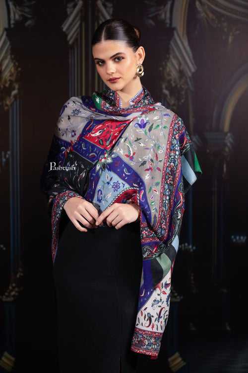 Pashtush Womens 100% Pure Wool Shawl With Woolmark Certificate, Chanting Paisleys Design, Multicolour