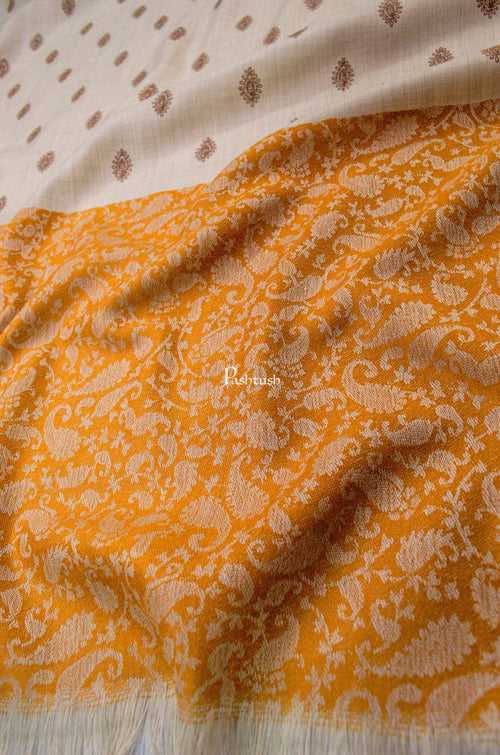 Pashtush Womens Embroidery Shawl, Jacquard Palla, Fine Wool, Beige and Orange