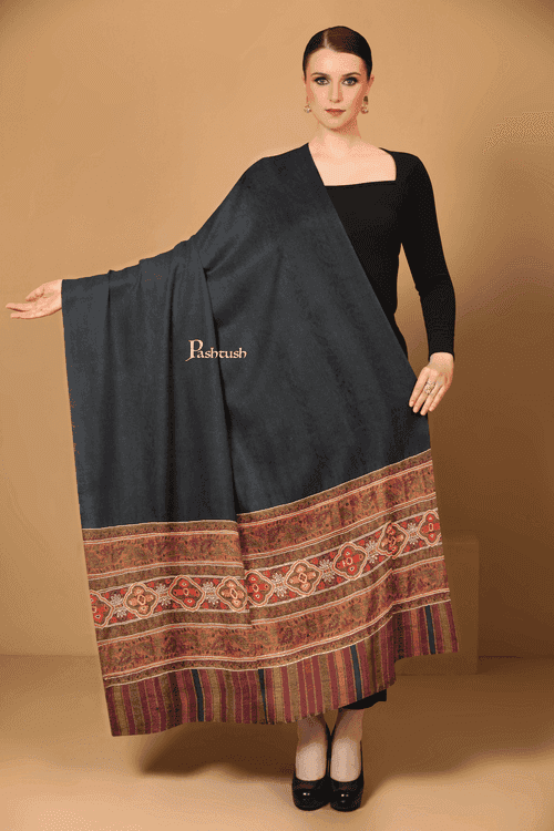 Pashtush Womens Extra Fine Wool Shawl, Aztec Nalki Hand Embroidery Palla Design, Black