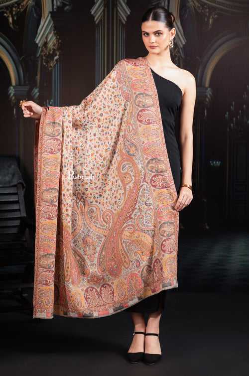 Pashtush Womens Extra Fine Wool Shawl, Ethnic Weave Design, Natural Beige