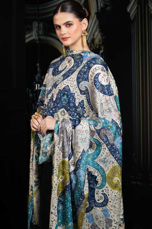 Pashtush Womens Extra Fine Wool Shawl, Hand Embroidered Kalamkari Design, Azure Blue