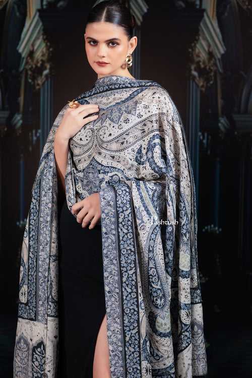 Pashtush Womens Extra Fine Wool Shawl, Hand Embroidered Kalamkari Design, Azure Blue And Ivory