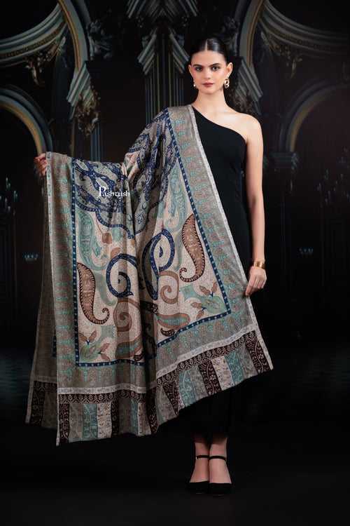 Pashtush Womens Extra Fine Wool Shawl, Hand Embroidered Kalamkari Design, Coral Hues