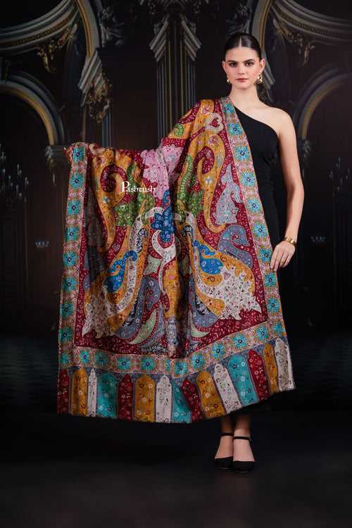 Pashtush Womens Extra Fine Wool Shawl, Hand Embroidered Kalamkari Design, Multicolour
