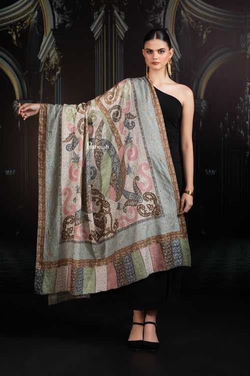 Pashtush Womens Extra Fine Wool Shawl, Hand Embroidered Kalamkari Design, Soft Pastels